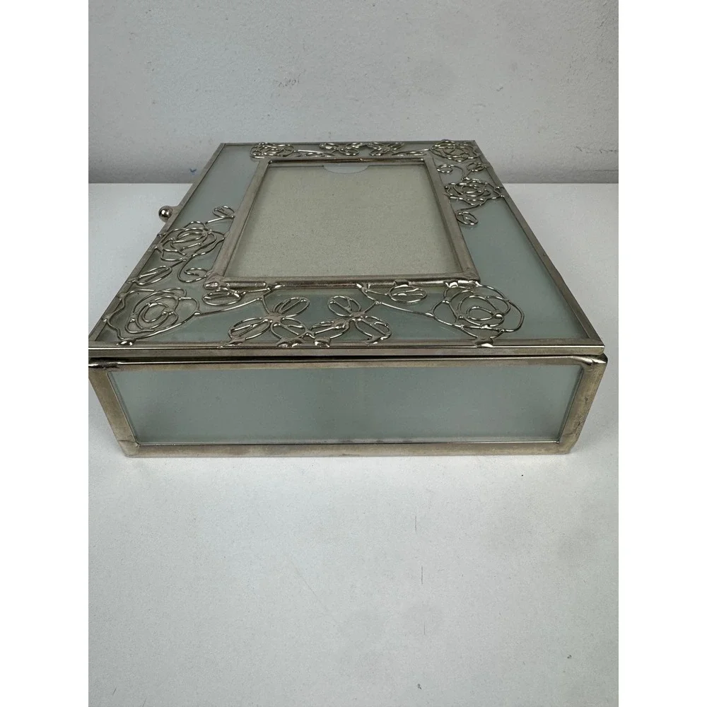 Vtg Frosted Glass Trinket Box Silver Rose Filigree Picture Frame Jewelry